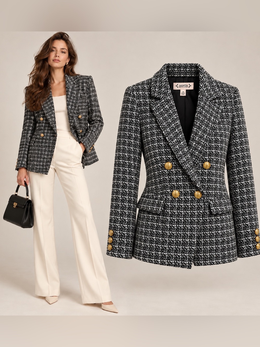 Nanette Lepore Tweed Double Breasted Blazer Gold Button Old Money Career Size 14